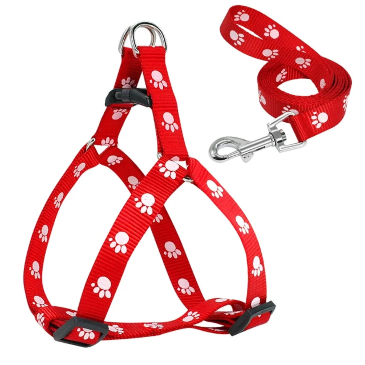 Durable Adjustable Paw Print Dog Harness and Leash Set