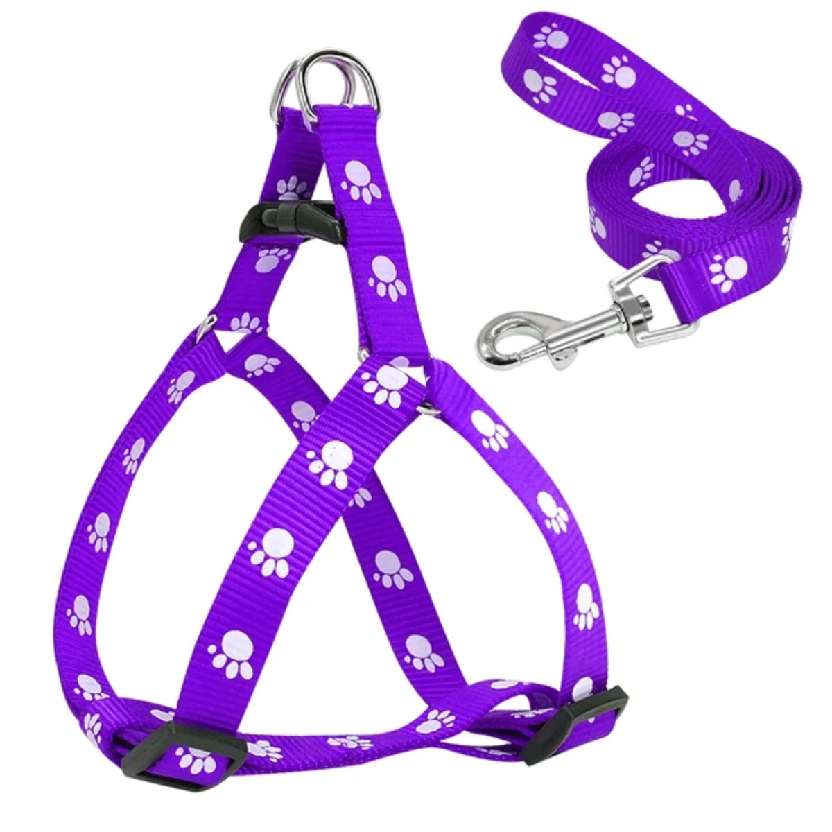 Durable Adjustable Paw Print Dog Harness and Leash Set