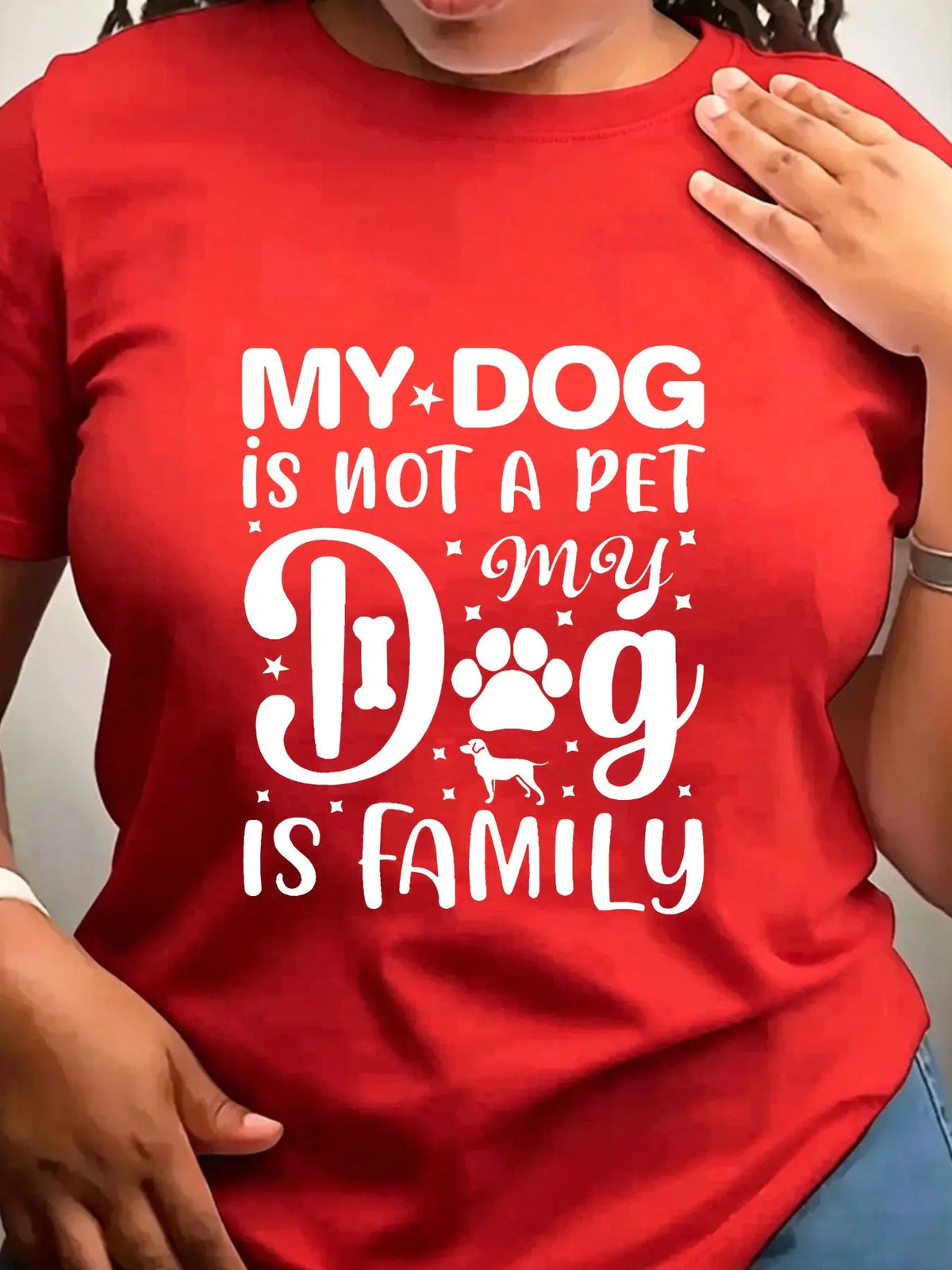 Womens Dog Is Family Print Cotton Crew Neck T Shirt