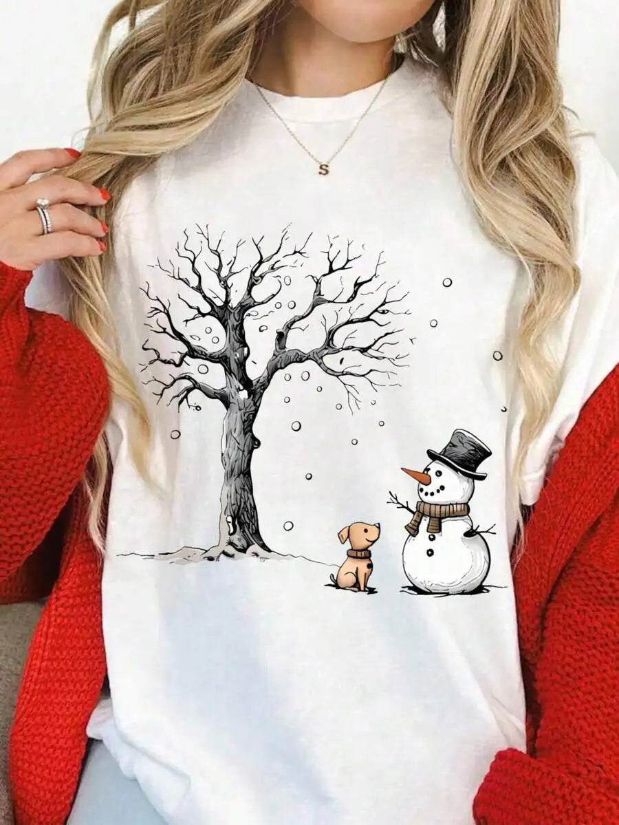 Women's Snowman And Dog Graphic Cotton Crewneck Holiday Tee