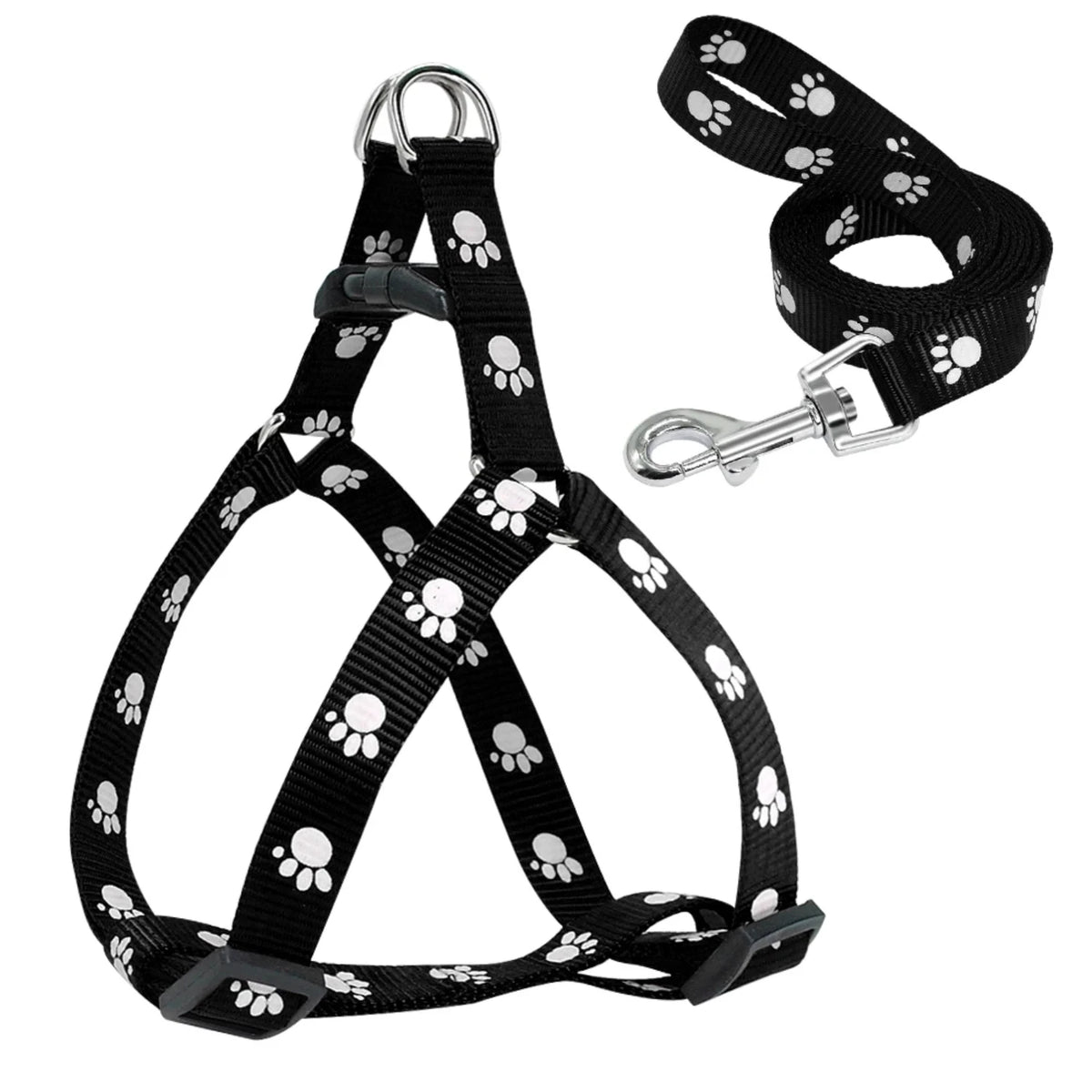Durable Adjustable Paw Print Dog Harness and Leash Set
