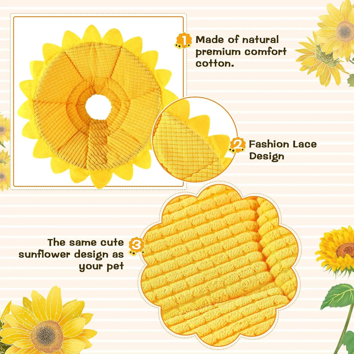 Sunflower Cat Recovery Cone Collar Soft Adjustable Elizabethan Design