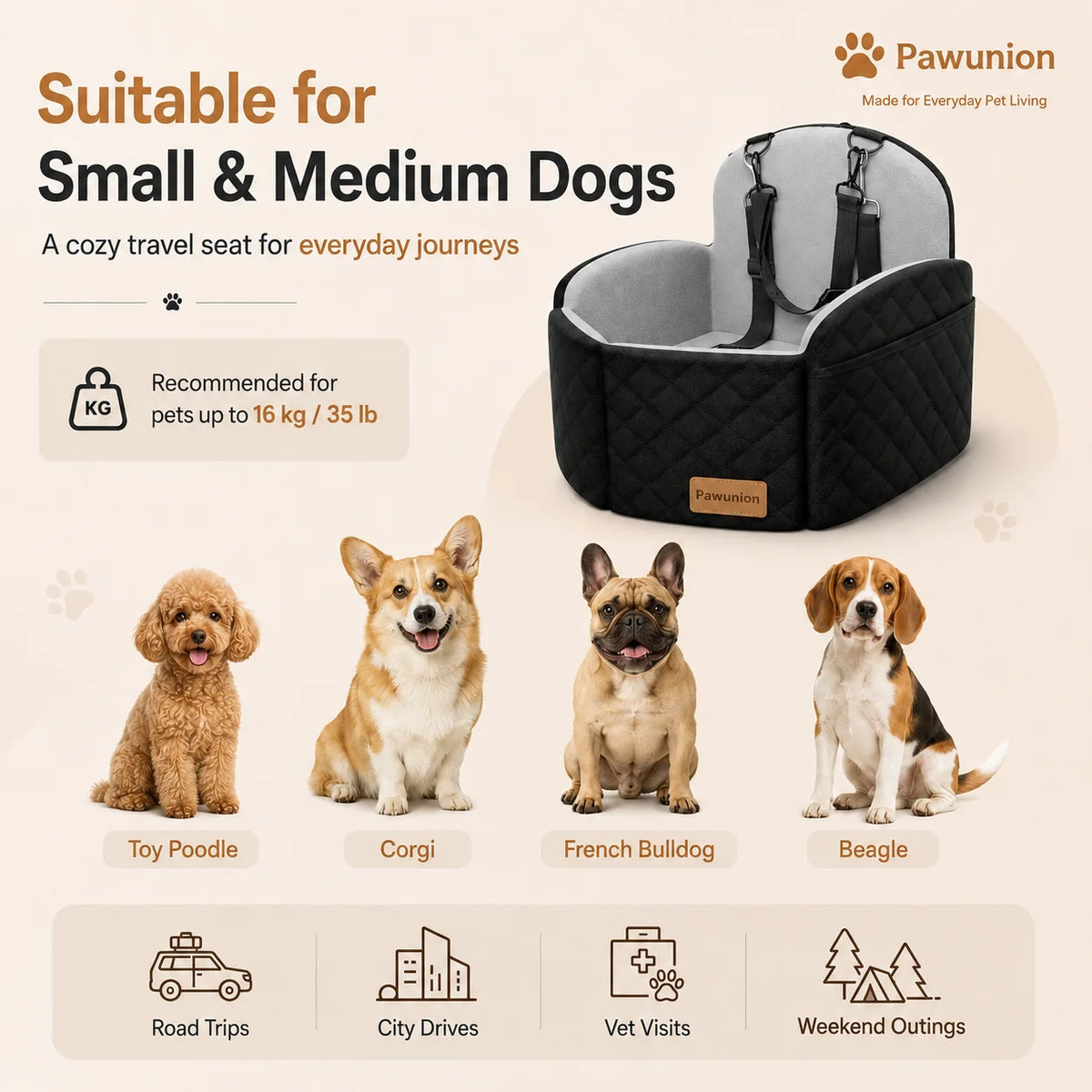Cooling Memory Foam Dog Car Seat With Dual Safety Tethers