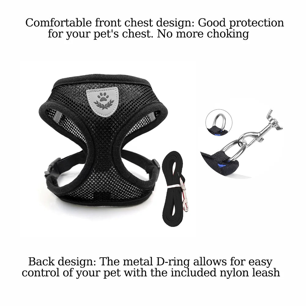 Adjustable Reflective Escape Proof Mesh Pet Harness And Leash Set
