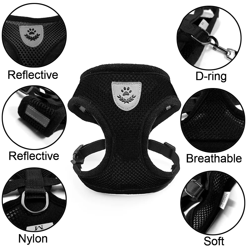 Adjustable Reflective Escape Proof Mesh Pet Harness And Leash Set