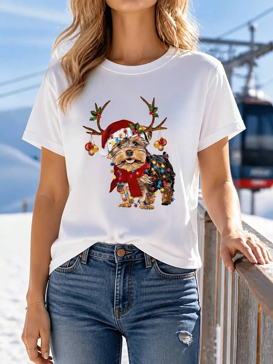 Women's Christmas Graphic Tee Festive Yorkie Dog With Santa Hat And Lights Print Crewneck Short Sleeve Soft Casual Top Regular Fit Holiday Family Gathering Gift Idea