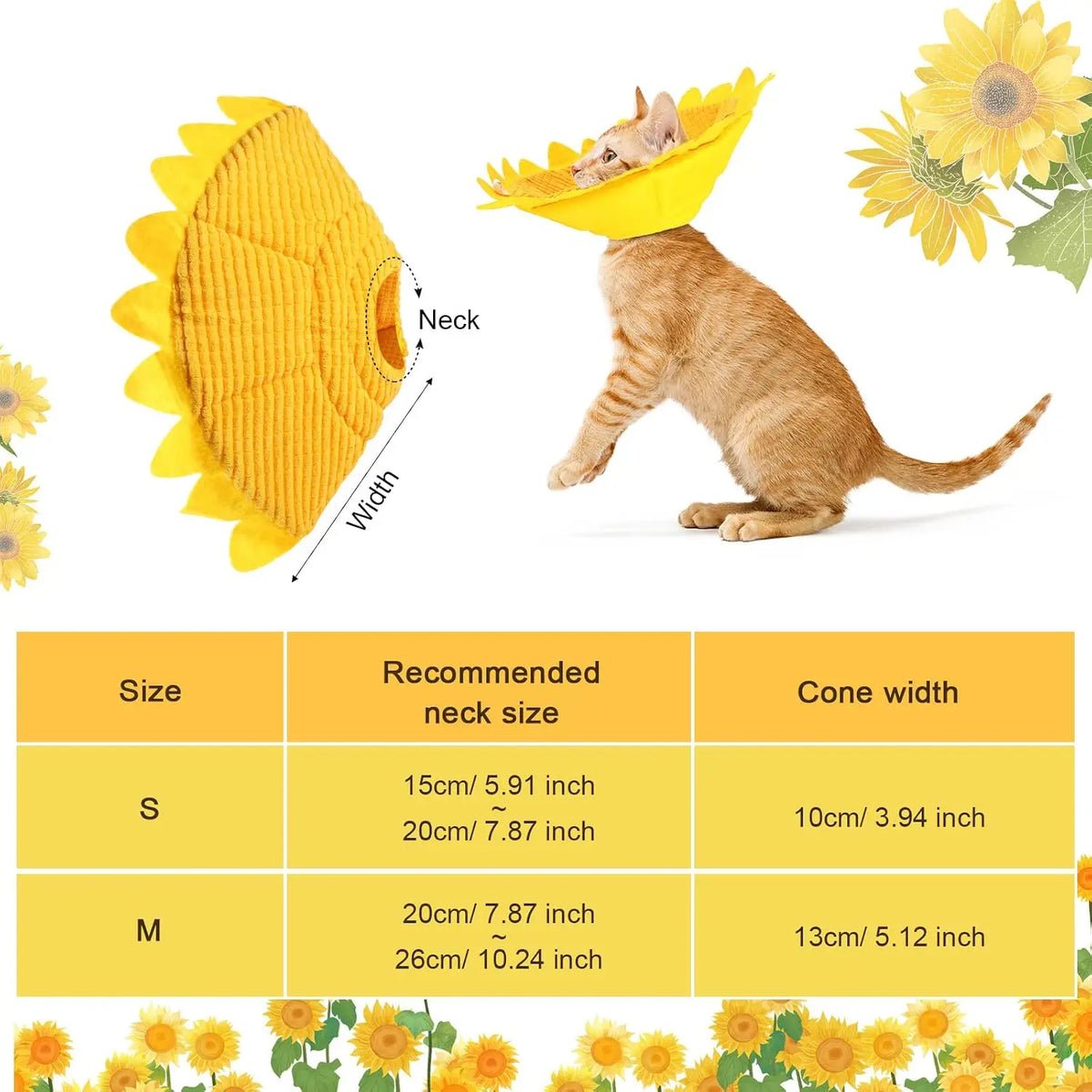 Sunflower Cat Recovery Cone Collar Soft Adjustable Elizabethan Design