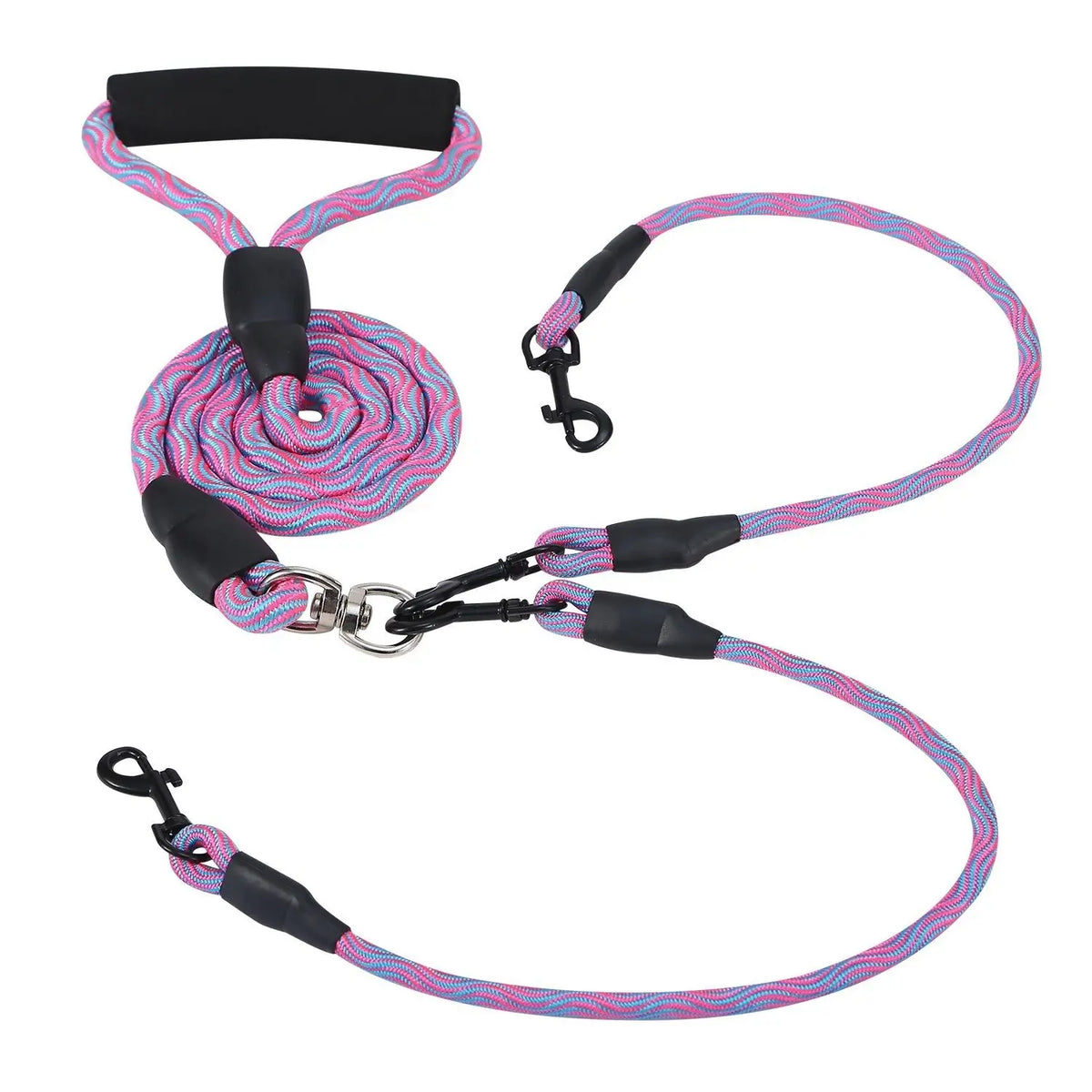 Reflective Dual Dog Leash Swivel Coupler No Tangle Padded Handle