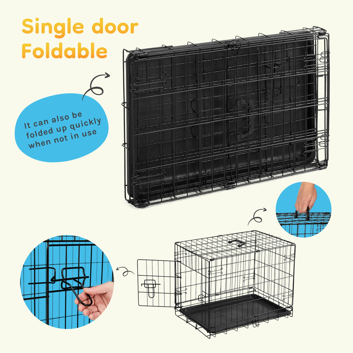 JHK Single Door Folding Pet Kennel With Leakproof Metal Tray