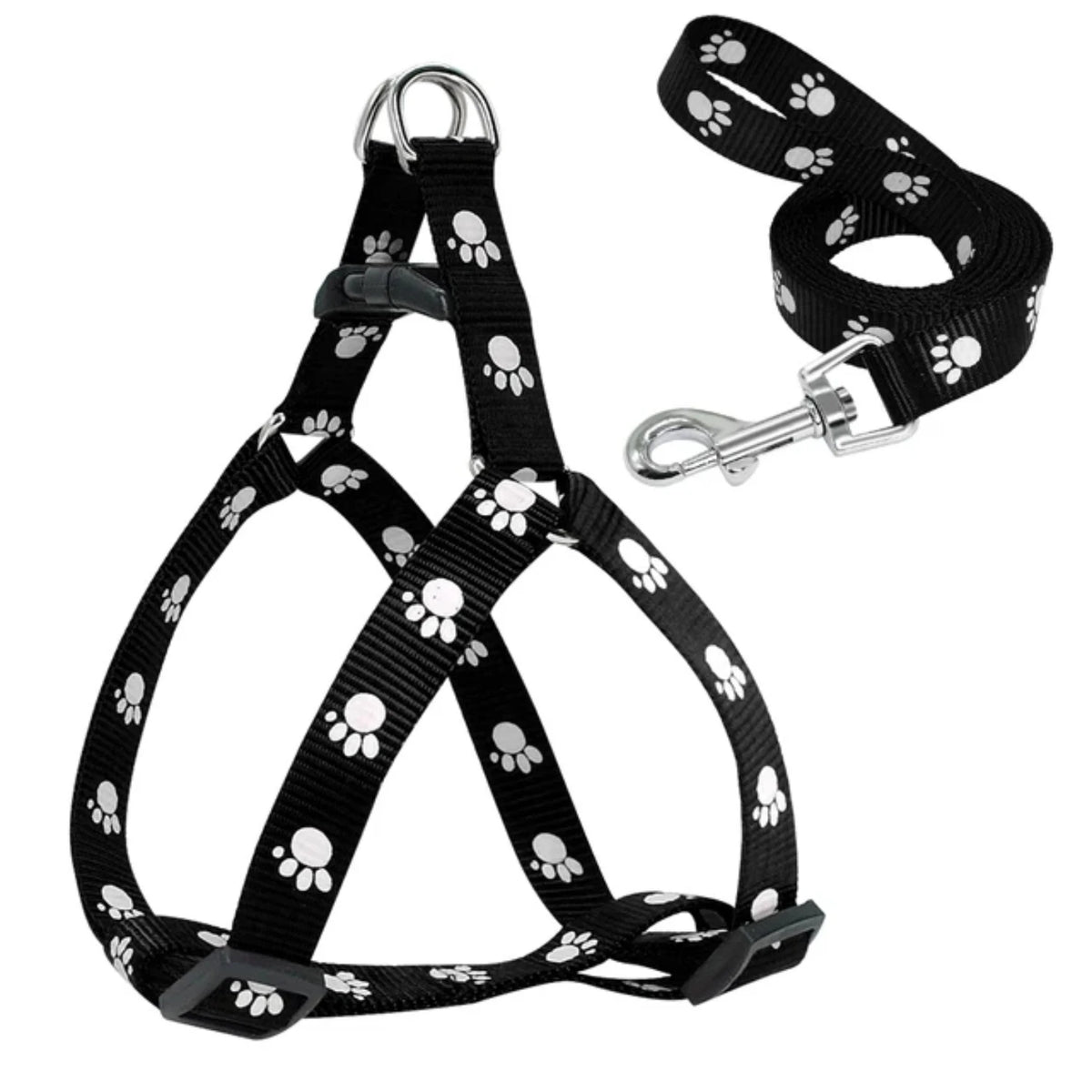 Durable Adjustable Paw Print Dog Harness and Leash Set