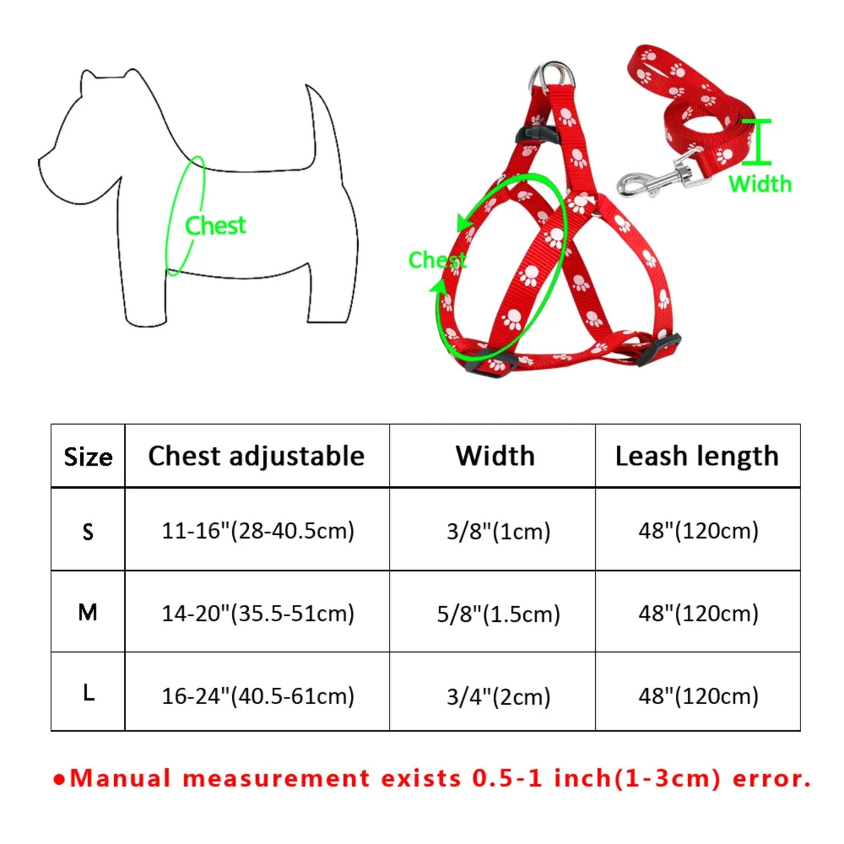 Durable Adjustable Paw Print Dog Harness and Leash Set