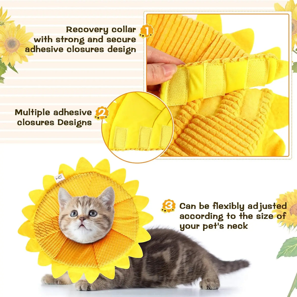Sunflower Cat Recovery Cone Collar Soft Adjustable Elizabethan Design